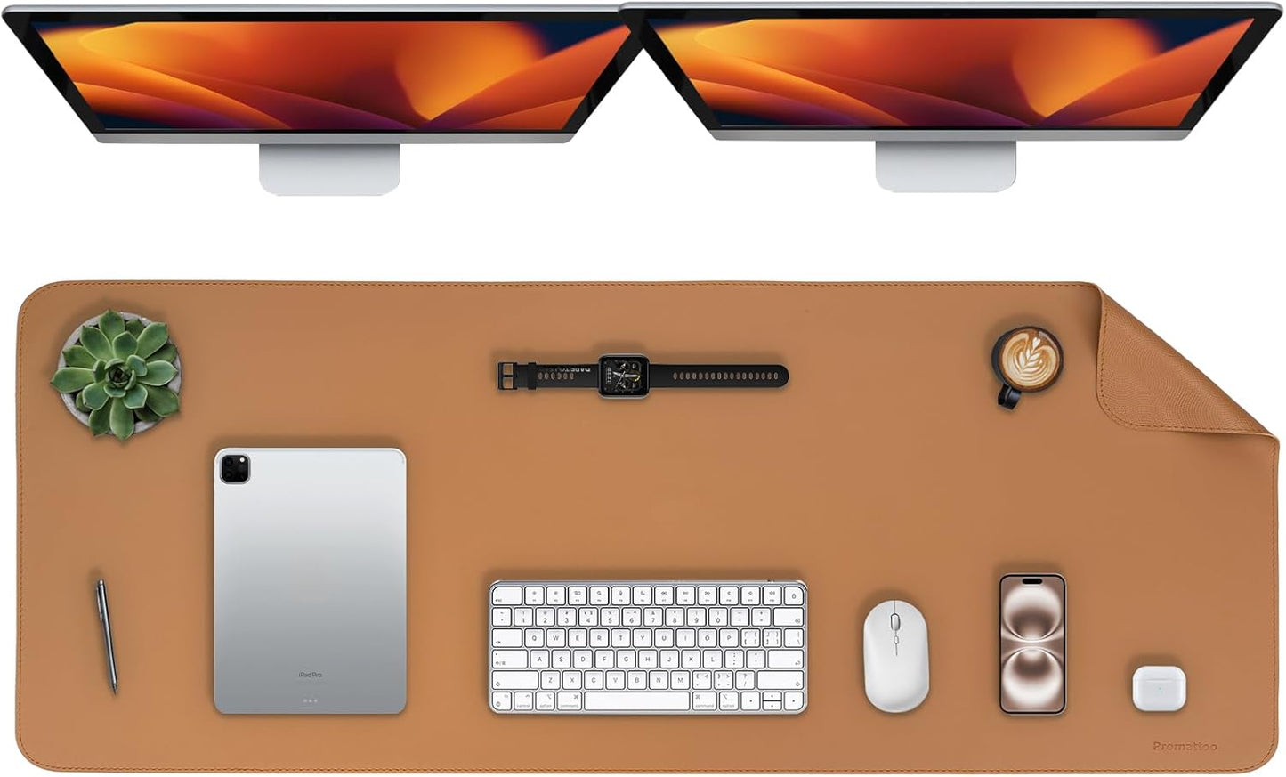 Oversized Non-Slip Desk Pad Protector – Grips Desk Firmly, Anti-Slip Like You've Never Seen! Vegan Leather Waterproof Laptop Mat for Keyboard & Mouse – Large Office Pad– Caramel Brown