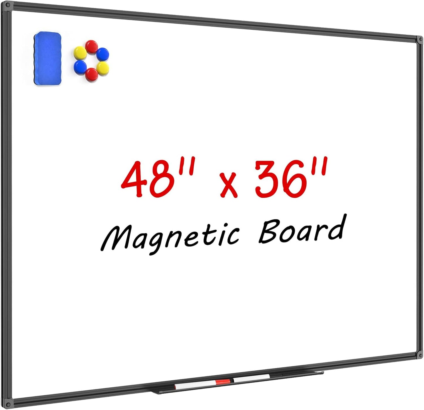 Magnetic Dry Erase Whiteboard 48 x 36 Inch - 4 x 3 Large White Board, Black Aluminum Frame Wall-Mounted, Magnetic Eraser, 2 Pen, Detachable Marker Tray, 6 Magnets for Office, School