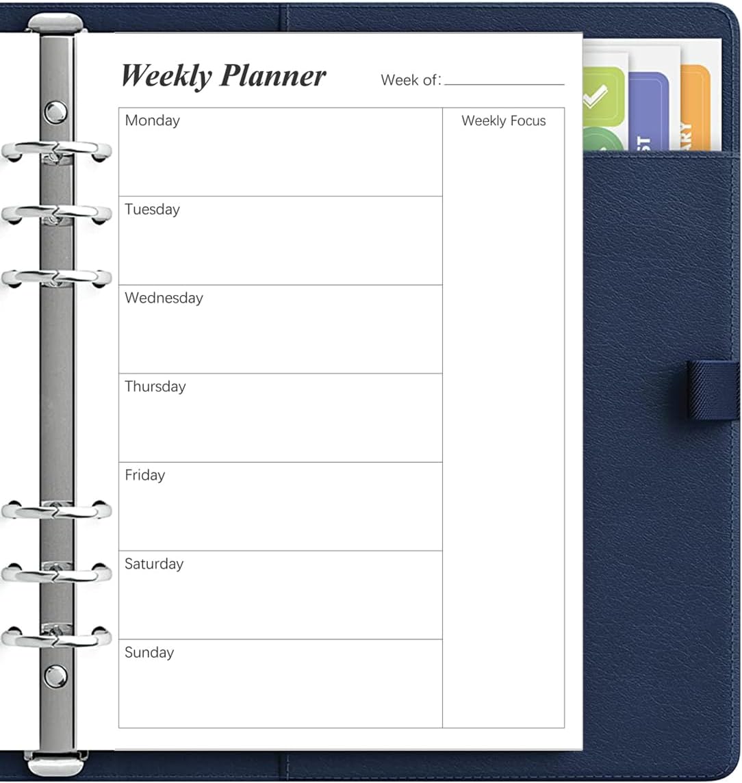 Weekly Planner Refills for A5 Binders - 53 Sheets/106 Pages Undated Weekly Planner, 6-Hole Punched, 100 gsm White Paper, Lasts 1 Year, Undated, 5.8" x 8.3", Black