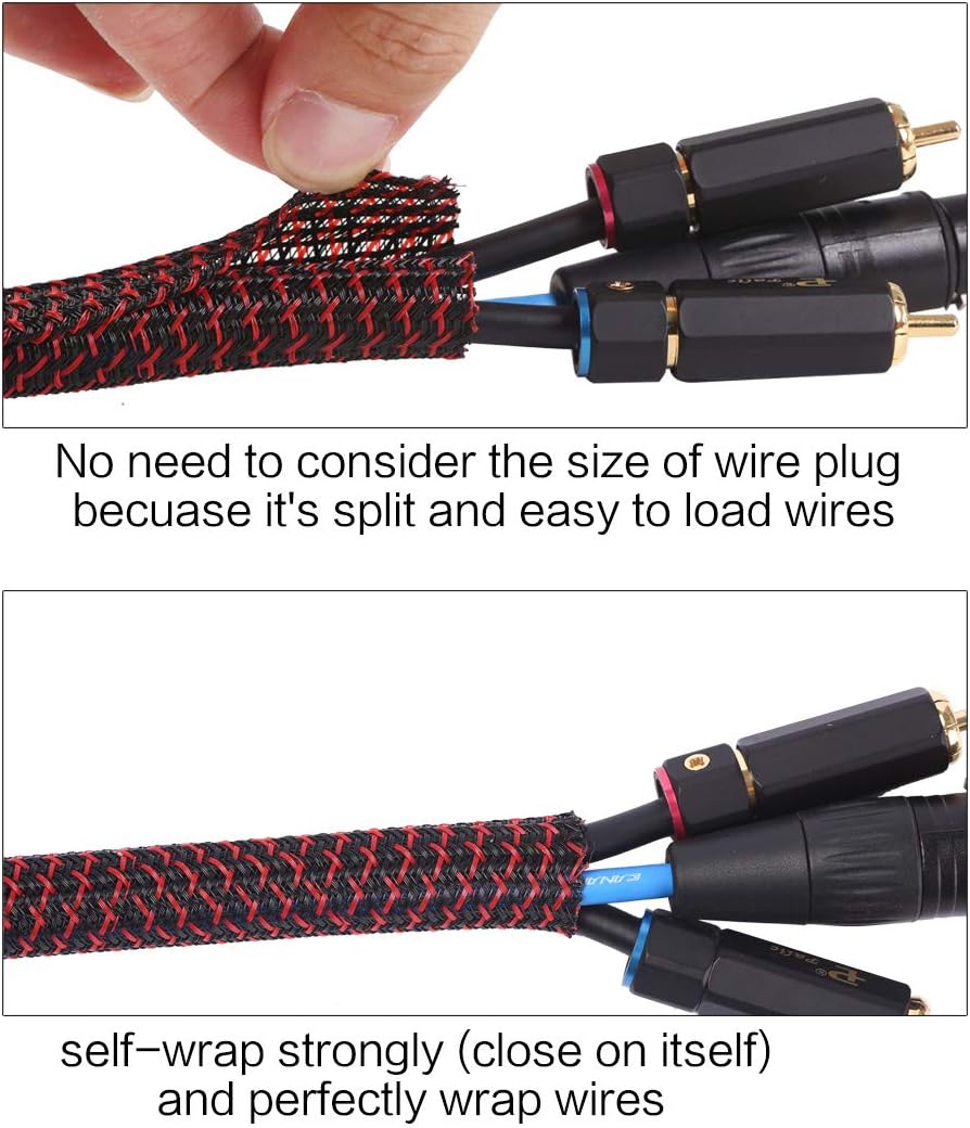 Alex Tech 10ft - 1 inch Cord Protector Wire Loom Tubing Cable Sleeve Split Sleeving For USB Cable Power Cord Audio Video Cable – Protect Cat From Chewing Cords - Blackred