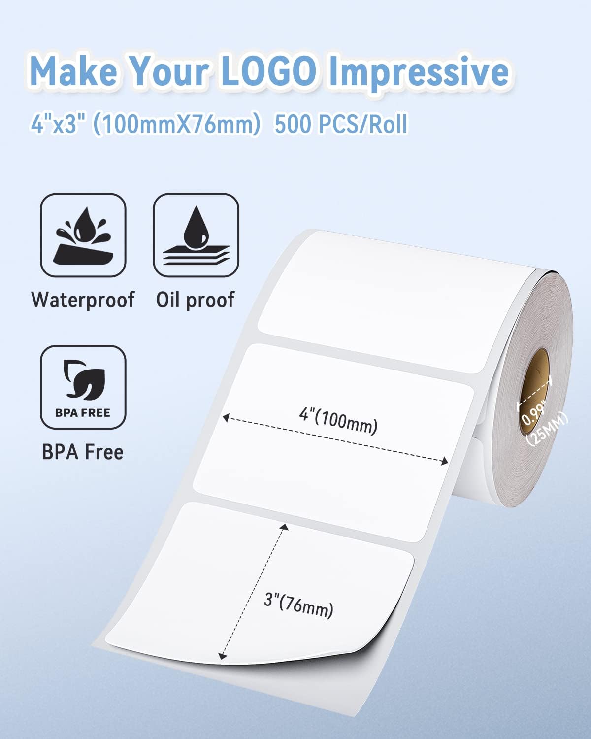 Phomemo 4"x3" Thermal Labels Roll for Small Business Supplies - Commercial Grade Logo Stickers for Business Customized - Waterproof Shipping Labels for Thermal Label Printer - 500 PCS Label Stickers