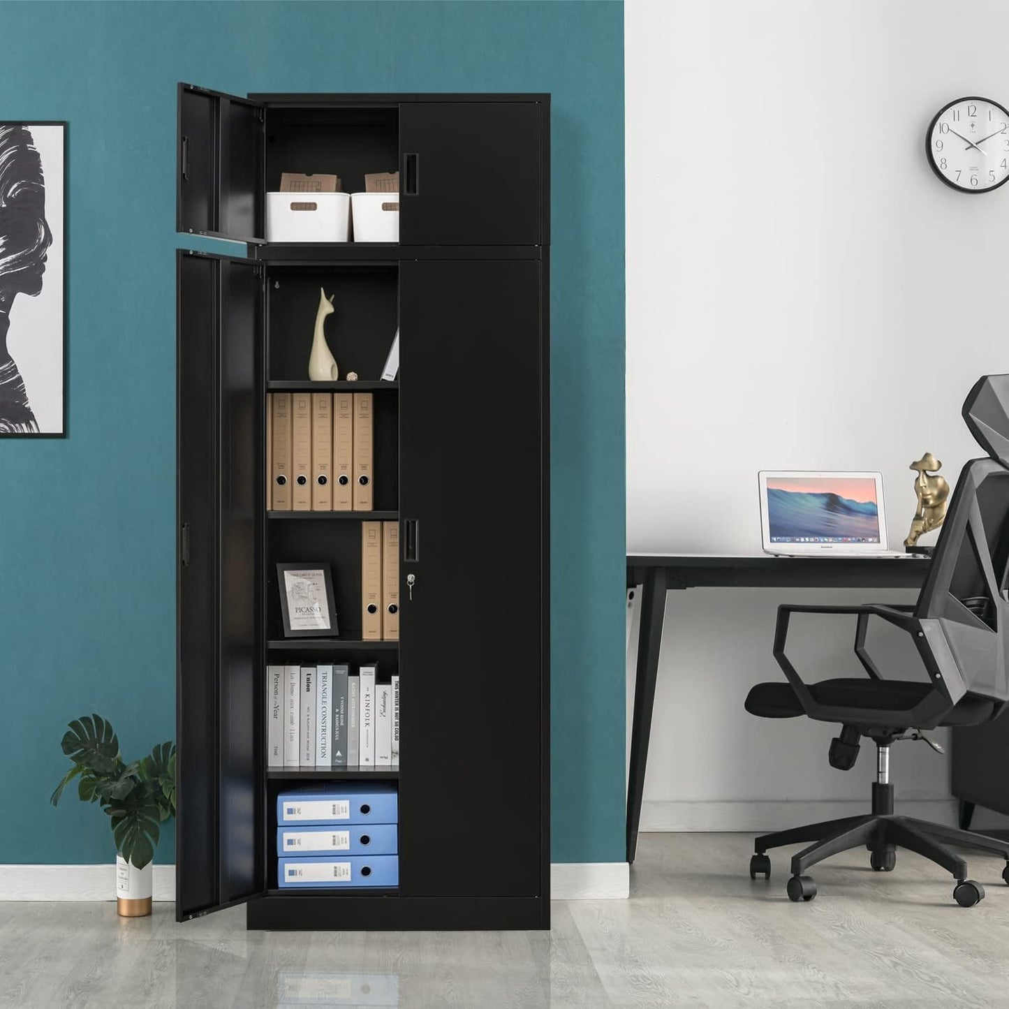BESFUR Metal Storage Cabinet 87" H，Black Locking Storage Cabinets with Top Cabinet and 4 Adjustable Shelves for Home Office, Garage,School, Apartment, Warehouse, Utility Room