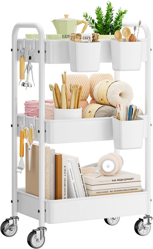 YASONIC Metal 3 Tier Rolling Cart - Heavy Duty Utility Cart with Lockable Wheels, Hanging Cups, Hooks, Mesh Rolling Storage Cart Craft Cart Organizer, Lightweight and Sturdy, White