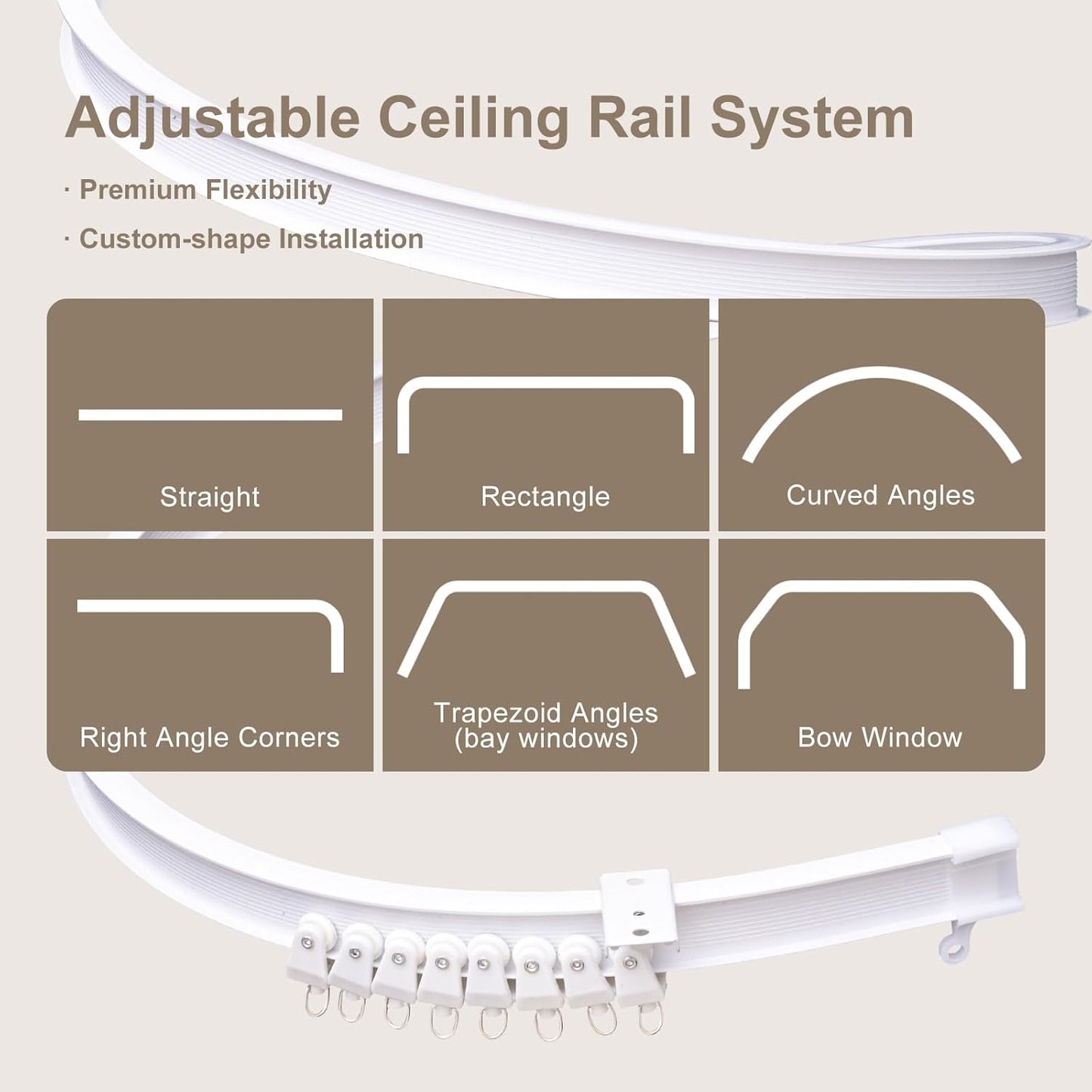 Room Divider Curtains & Flexible Bendable Tracks Set,Privacy Dividers Ceiling Track Curtain Window Blackout Curtains for Living Room Bedroom (W150 × H96 in 1 Panel Beige Drape & White Rail)