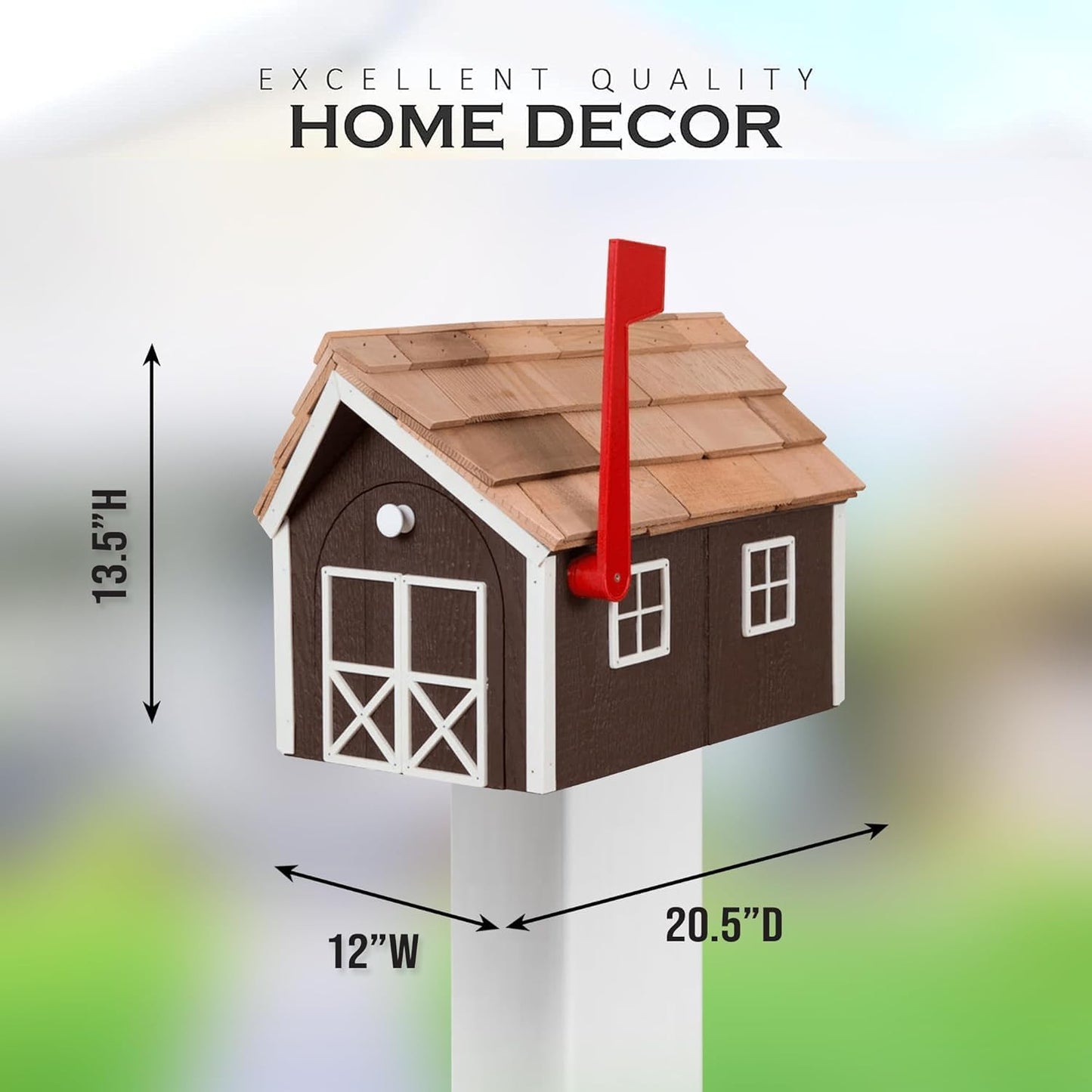 Peaceful Classics Amish Cedar Roof Wooden Mailbox with Window & Door Trim, Handcrafted Mailboxes for Outside, Post Mount Residential Mailboxes - (Clay & White, Wood)