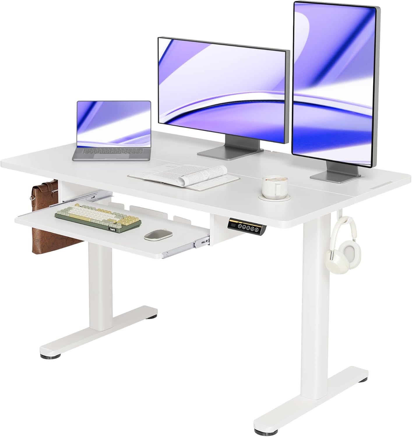 YDN Standing Desk, Height Adjustable Computer Desk with Keyboard Tray, 48 Inch White Ergonomic Desk for Home Office and Gaming