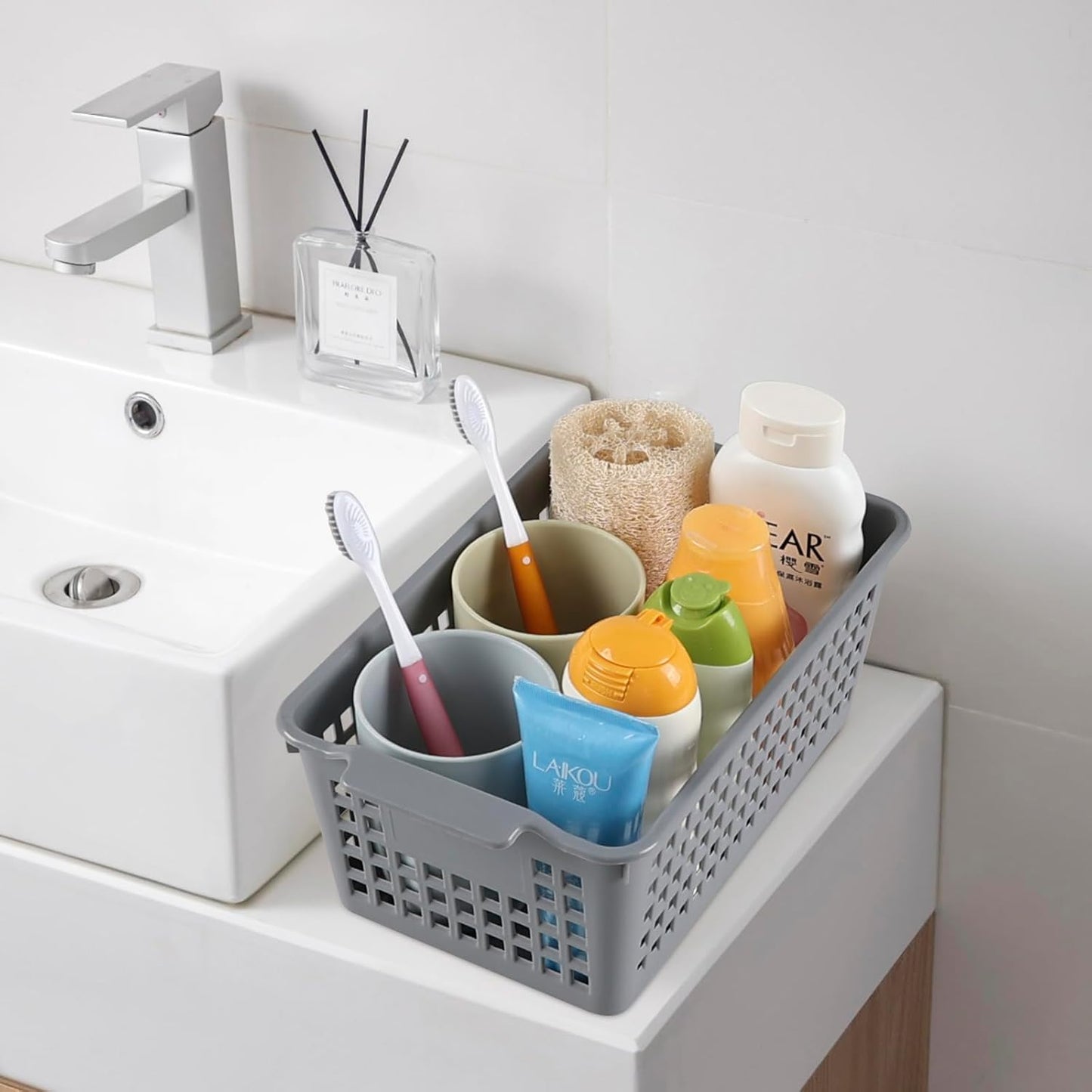 Plastic Storage Baskets, 6 Packs Shelf Kitchen Pantry Organizer Bins, Grey