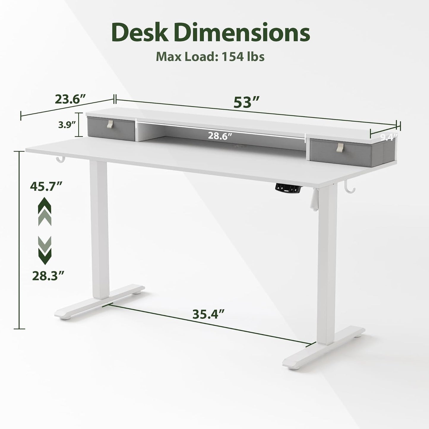 Agilestic 53 x 24 Inches Height Adjustable Electric Standing Desk with 2 Drawers, Stand Up Electric Desk Adjustable Height, Sit Stand Computer Gaming Table with Splice Board, White