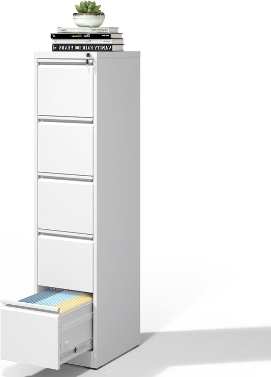 5 Drawer File Cabinet with Lock, Metal Vertical Filing Cabinets for Home Office, Steel Storage Cabinet for Hanging Legal/Letter Size Files, Assembly Required (White)