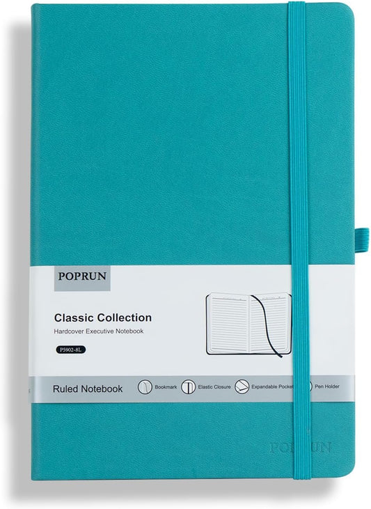 POPRUN A5 Lined Journal Notebooks, Leather Hardcover Thick Notebook for Writing, Business Work, Travel, School, College, Christmas, 5.5 x 8.3 inch, 240 Pages Classic Ruled Journals Notepad, Turquoise
