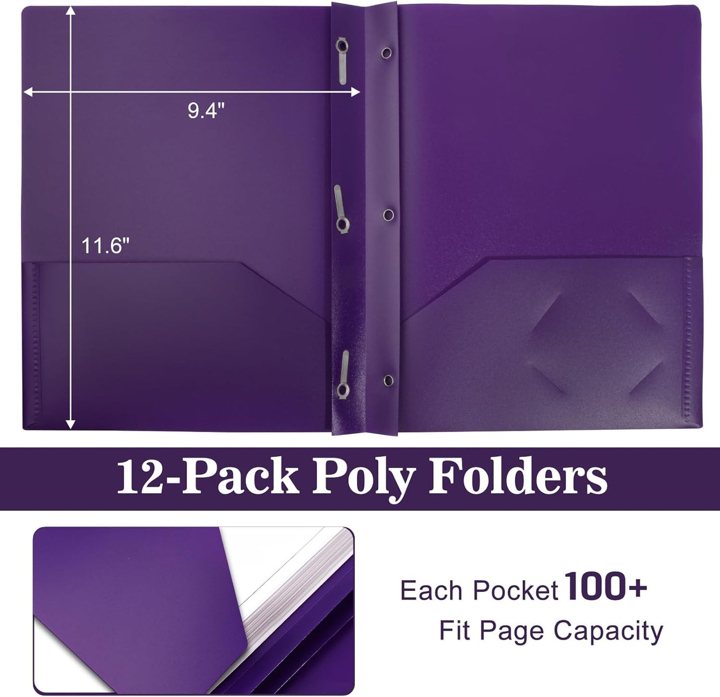 12-Pack Plastic Folders with Pockets and Prongs,2-Pocket Folders with 3 Fasteners, Poly Folders Holds 8-1/2" x 11" Paper for School/Office/Home, Purple