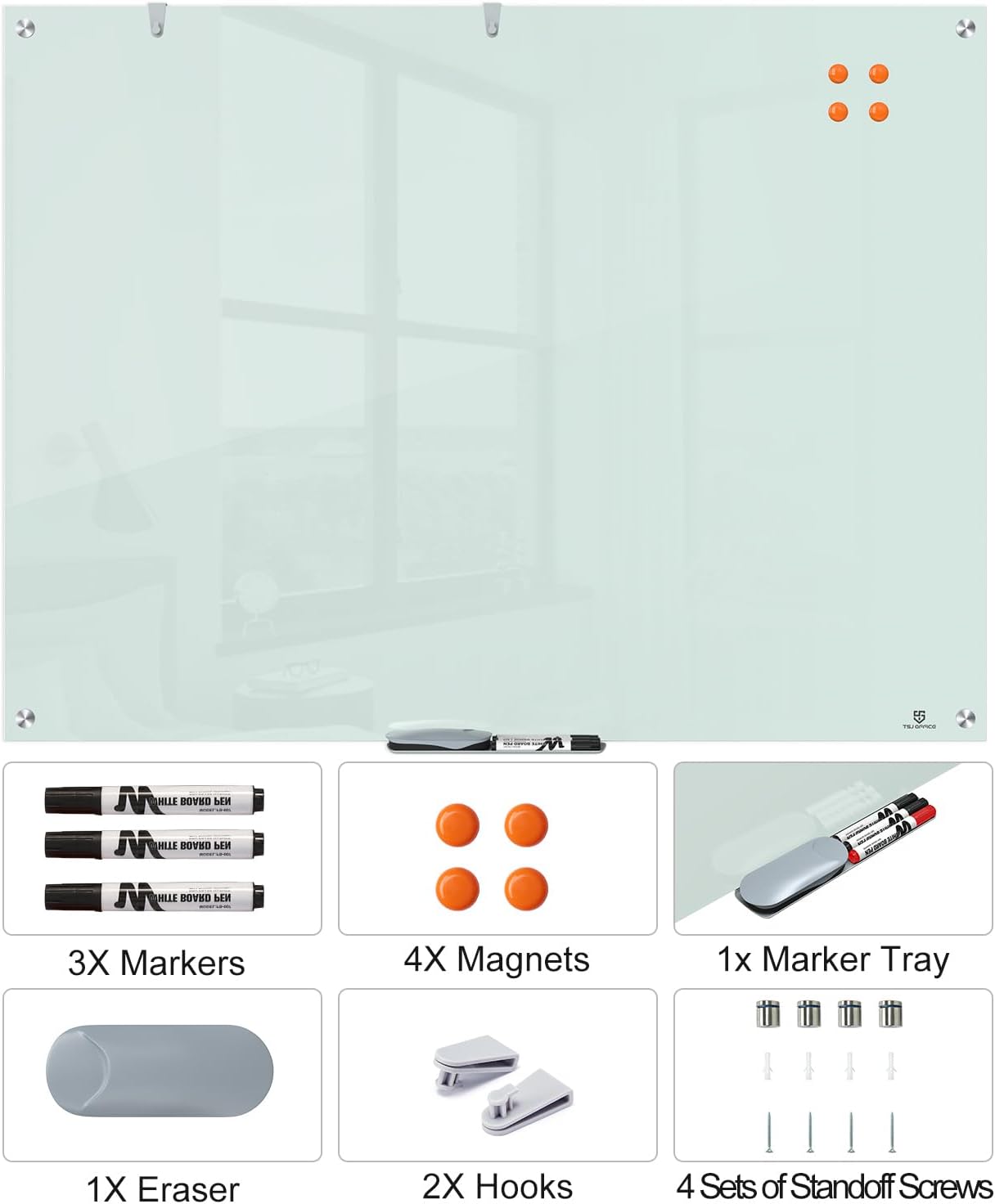 TSJ OFFICE Glass Dry-Erase Board - 48 x 30 Inches Wall Mounted Magnetic Whiteboard, Large Frameless Glass White Board for Office, Home & School