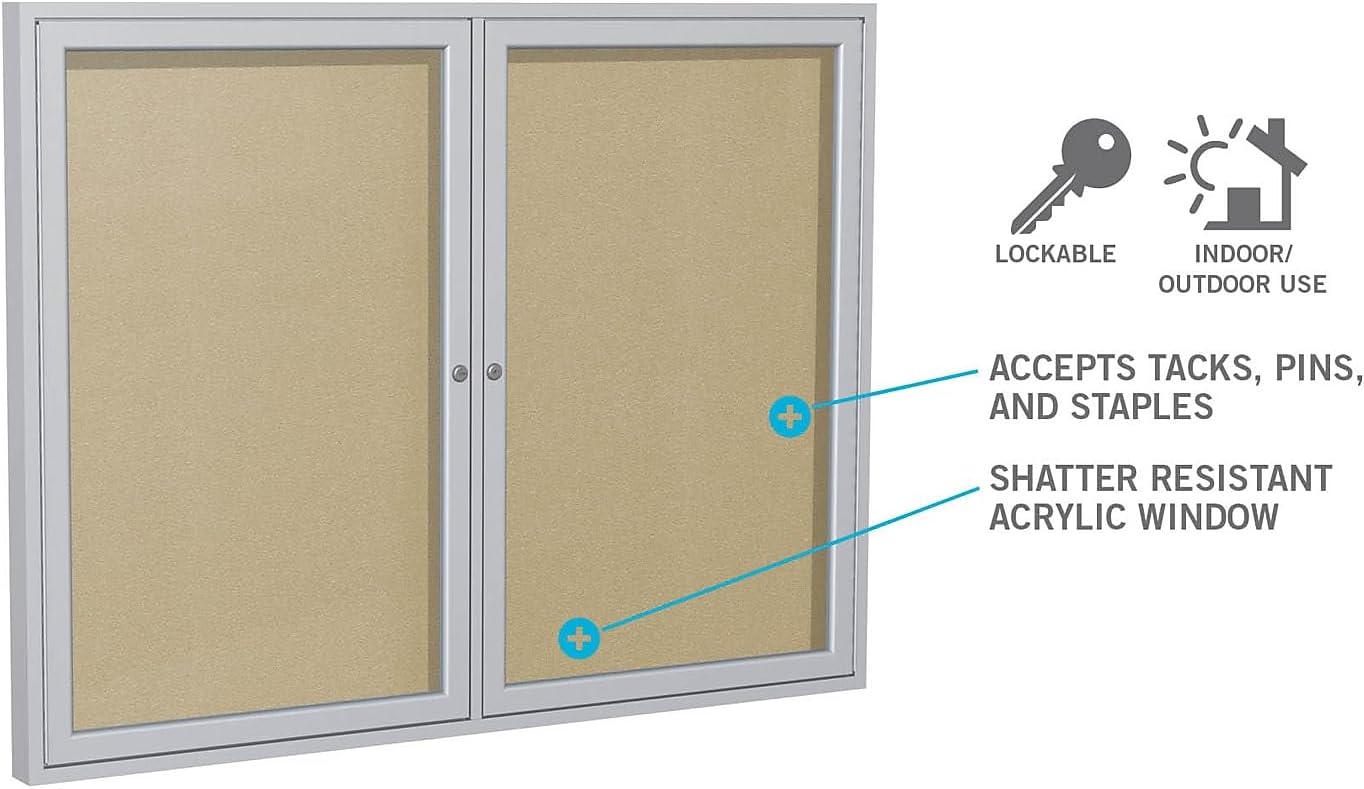 Ghent 24"x18" 1-Door Outdoor Enclosed Vinyl Bulletin Board, Shatter Resistant, with Lock, Satin Aluminum Frame - Silver (‎PA12418VX-193), Made in The USA