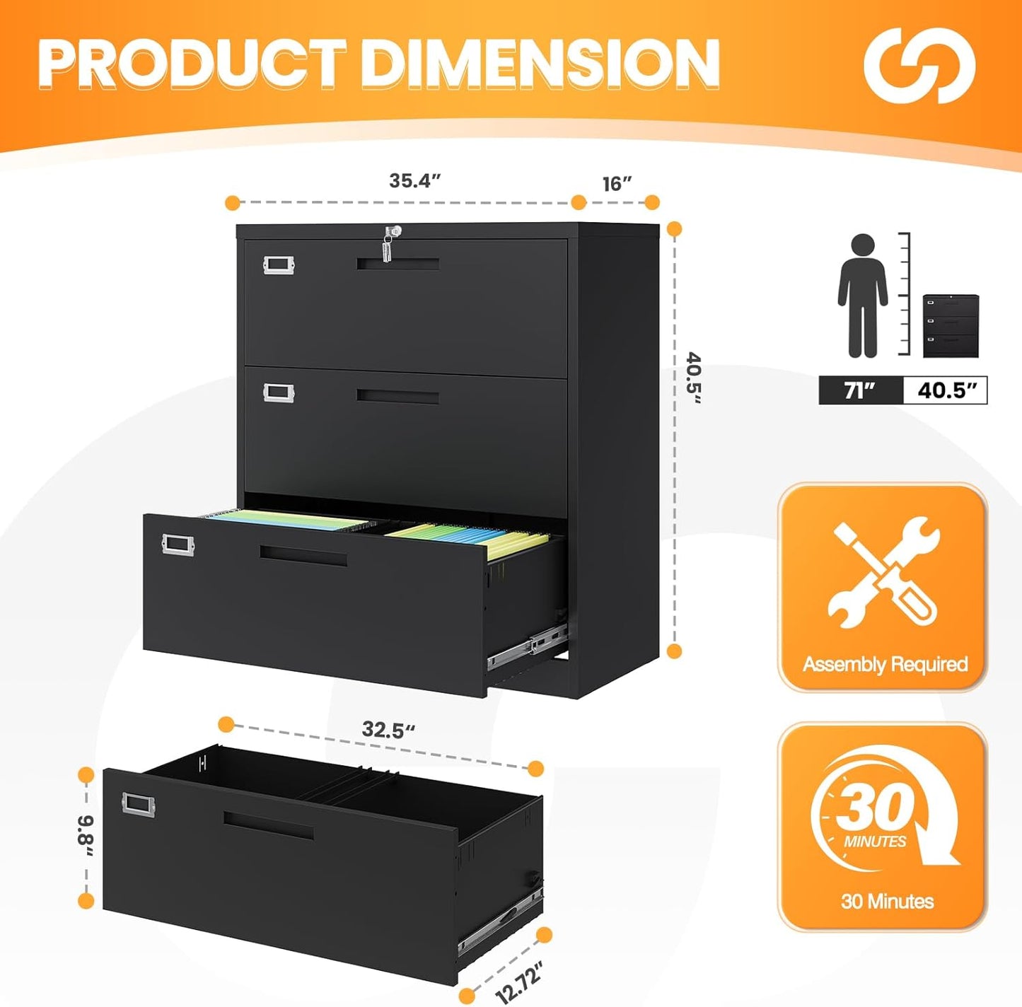 3 Drawer File Cabinets for Home Office, Office Storage Caninets Steel Cabnet for Letter/Legal/A4/F4-Assembly Required