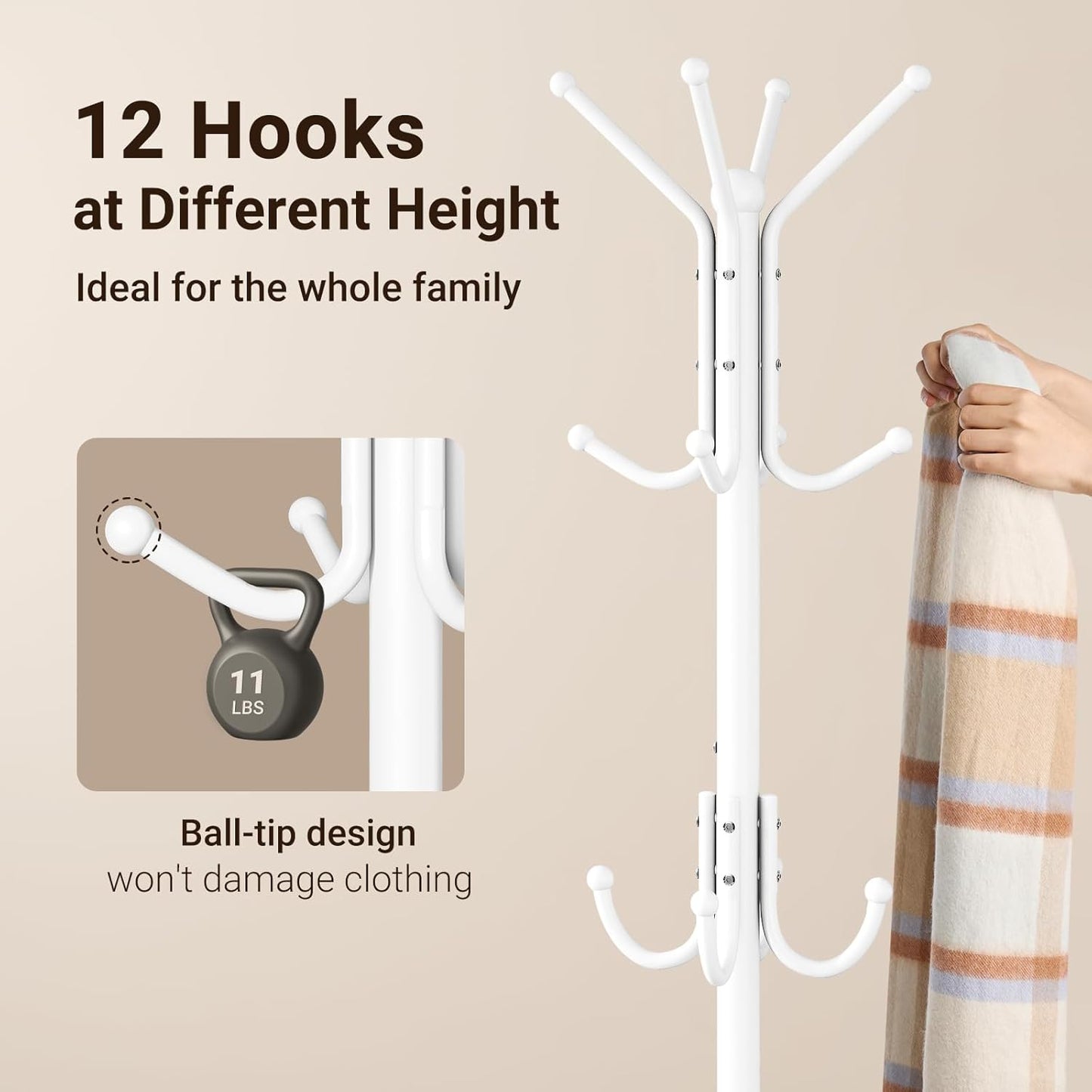 ELYKEN Coat Rack Freestanding, Metal Coat Rack Stand with Umbrella Holder, Modern Coat Tree with 12 Hooks, Floor Standing Corner Hall Tree for Entryway Living Room Bedroom Office, White