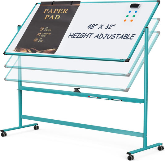 Mobile Whiteboard on Wheels, 48x32 Inches Rolling Whiteboard, Magnetic Dry Erase Board with Stand, Standing White Board for Office, School, Home, Large Double Sided White Board with Paper Pad