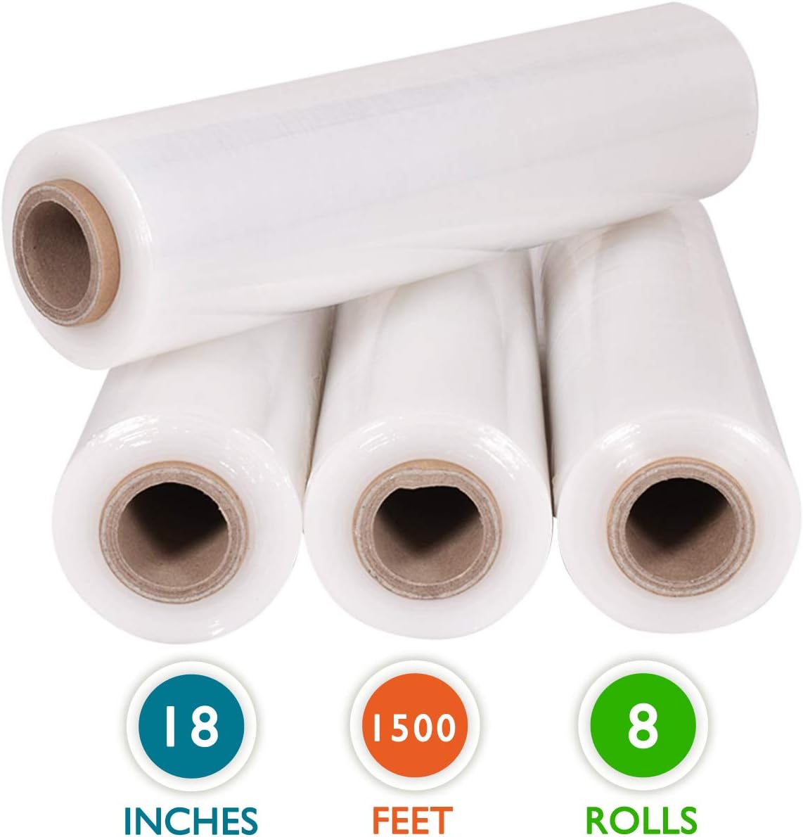 8 Rolls 18" x 1500 Ft Stretch Wrap Heavy Duty, Industrial Strength Shrink Wrap, 55 Gauge High Performance Stretch Film Replaces 80 Gauge Low Films, Clear Hand Stretch Wrap