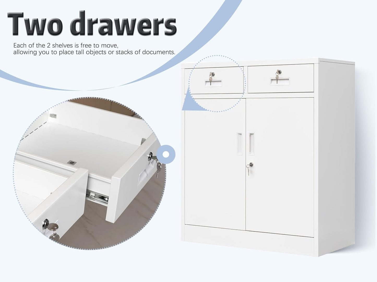 BESFUR Metal Storage Cabinet with Locking Doors and 2 Drawers, 36” Garage Cabinet for Classroom, Home and Office - White