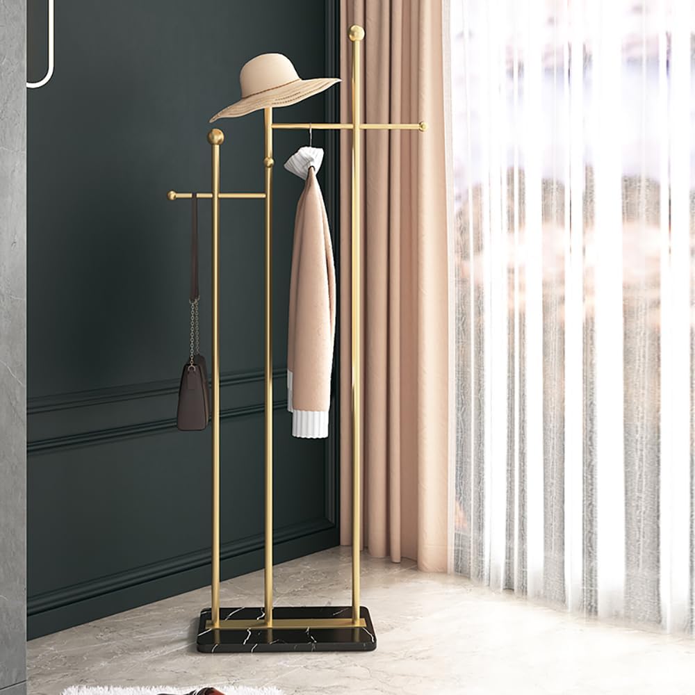 Standing Coat Rack with Marble Base Heavy Duty Clothes Hanger Rack Metal Coat Tree for Clothes Hats Scarfs Purses 19.69 x 11.02 x 68.9 Inches (Gold)