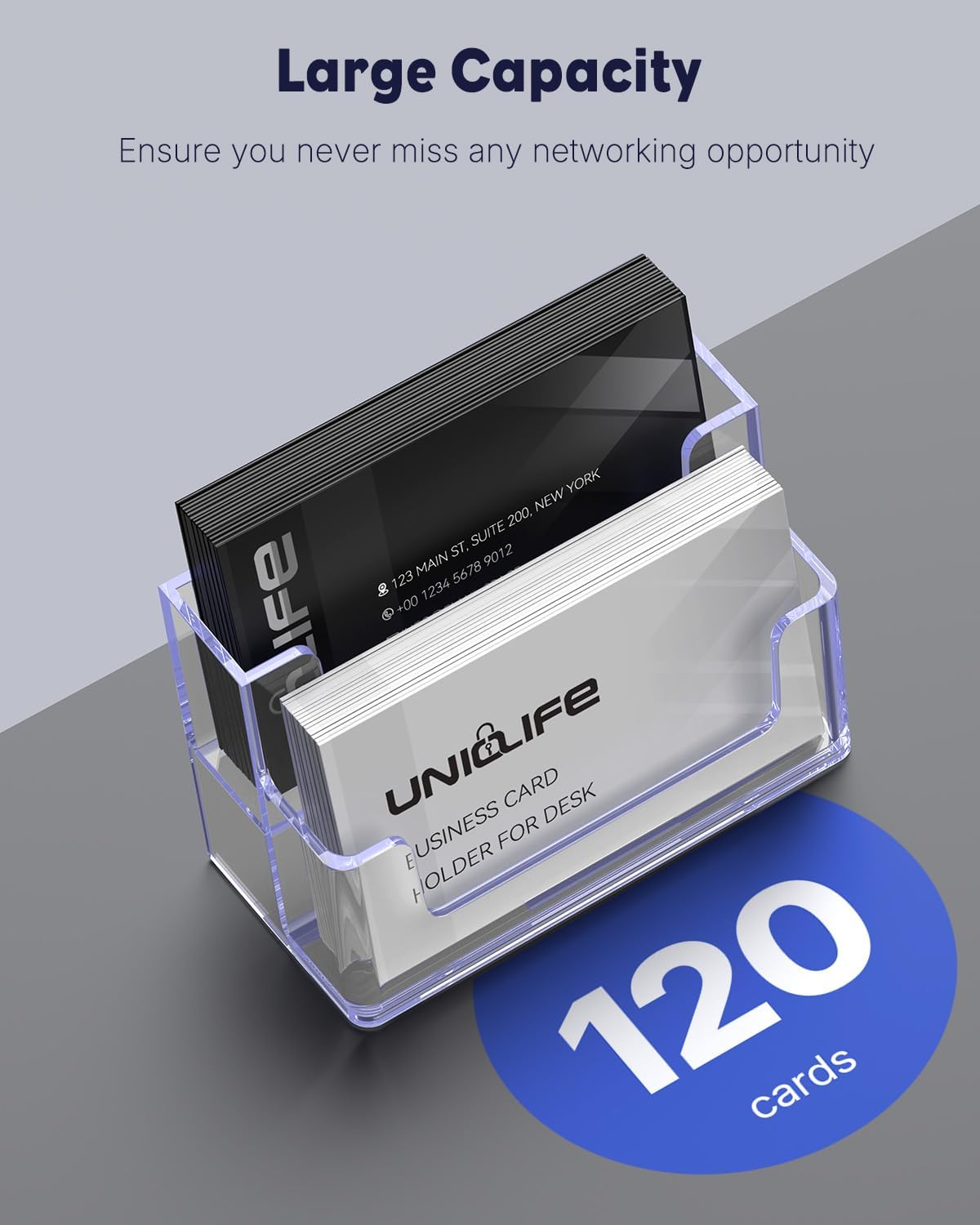 Uniclife Acrylic Business Card Holder for Desk 2 Slots Clear Business Card Display Stand for Men & Women Desktop Business Card Organizer Card Stand for Office Home Exhibition, 120 Card Capacity