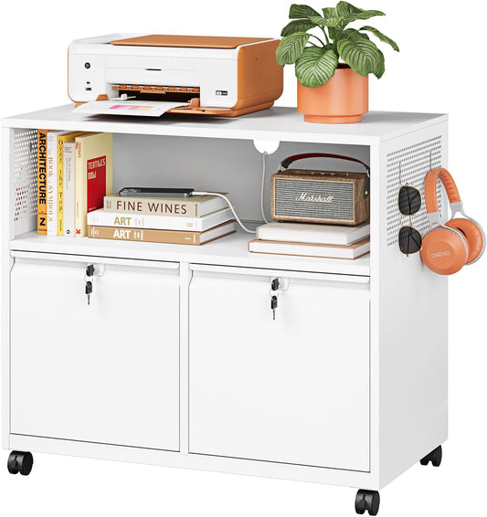 Metal File Cabinet,2 Drawer Lateral Filing Cabinet with Lock,Rolling Printer Stand Storage Cabinets with Shelves for Home Office Letter/Legal/A4 Size Files(White)