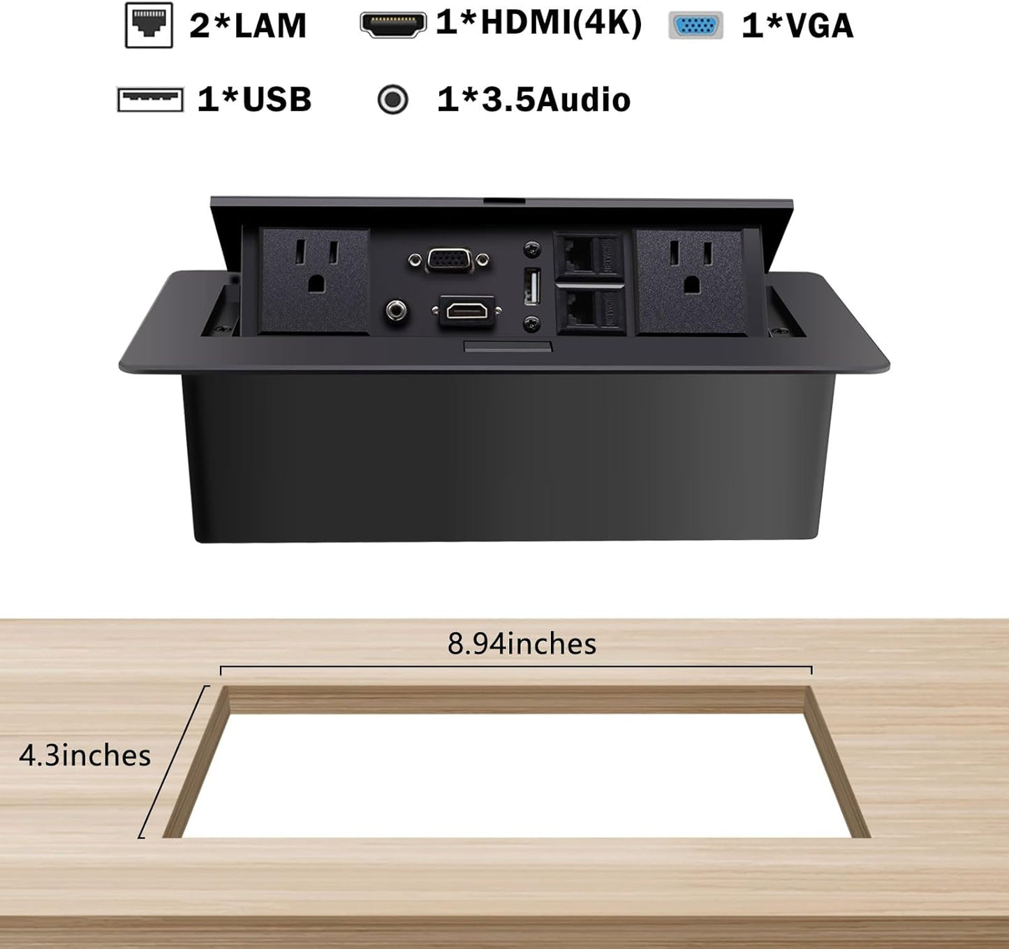 Pop Up Outlet; Pop up Power Strip; Embedded countertop Connection Outlet Box; 2 Power Outlets,HDMI USB VGA 3.5mm Audio Network Port Conference Table Multimedia Outlet Box - Black