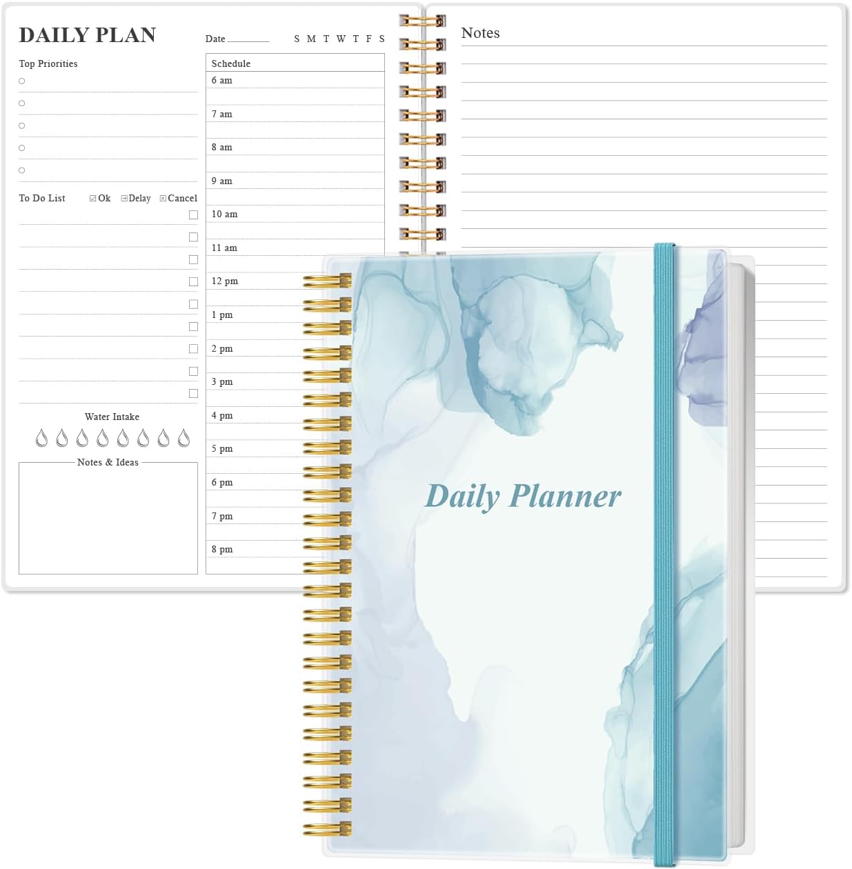 Daily Planner Undated - A5 To Do List Notebook Hourly Schedules, Spiral Appointment Planner for Women and Men, PVC Hardcover, Inner Pocket, Elastic Closure, 5.8" x 8.3", Blue Watercolor