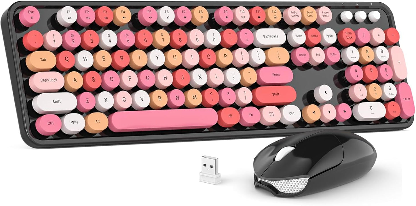Wireless Keyboard and Mouse Combo, MOWUX Colorful Computer Full Size 2.4G Plug and Play Wireless Typewriter Keyboard and Mouse Set for Windows, Computer, Desktop, PC, Notebook (Black Colorful)