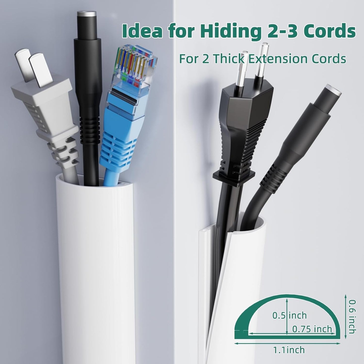 Cord Hider Raceway Kit, 118 inch Wall Cable Hider for 1-2 Cable, Silicone Material Hiding Wall Mount TV Powers Cords in Home Office, W0.75 H0.5in White