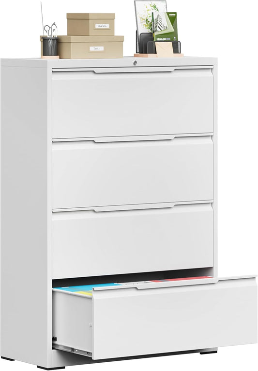 Bestoo 4 Drawer Lateral File Cabinet, Metal Lateral Filing Cabinet with Lock for Hanging Files Letter/Legal/F4/A4 Size, Easy Assemble White