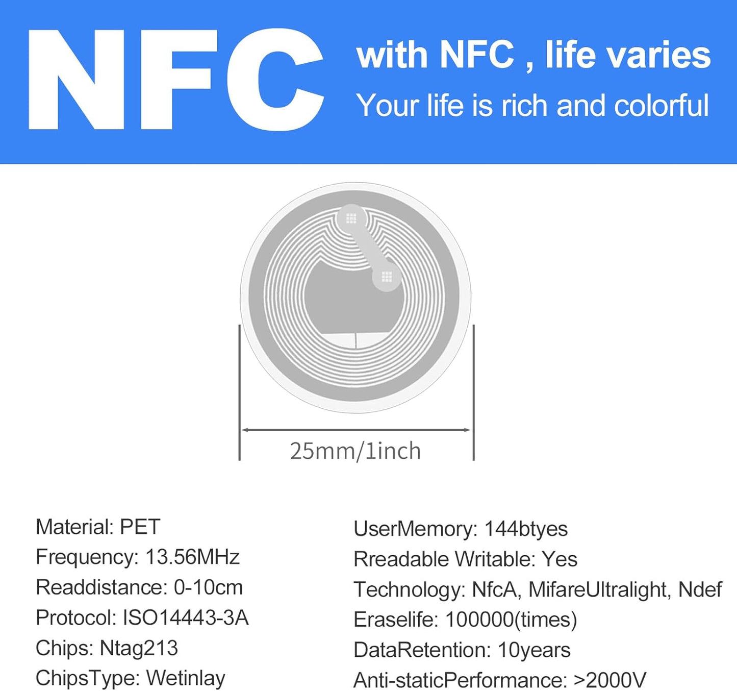 50 PCS Round NFC Tags Stickers - NTAG213 Chip, Blank, Adhesive Labels, RFID Tags, Rewritable, 137 Bytes Memory, Compatible with All NFC-Enabled Smartphones and Devices