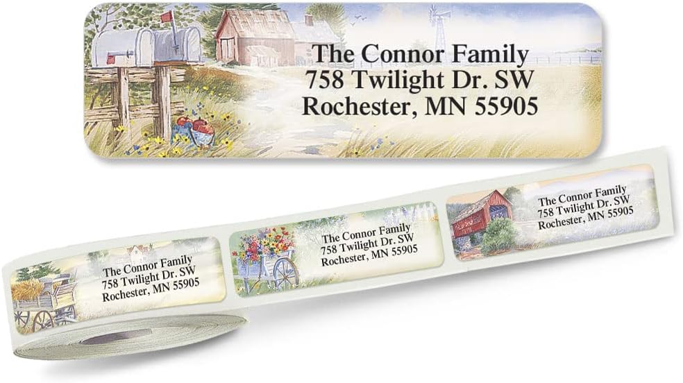 Colorful Images American Countryside Rolled Personalized Return Address Mailing Labels with Dispenser, Customize with Name & Shipping Address, 250 ¾” x 2½” Self Adhesive, Easy Peel Label Roll