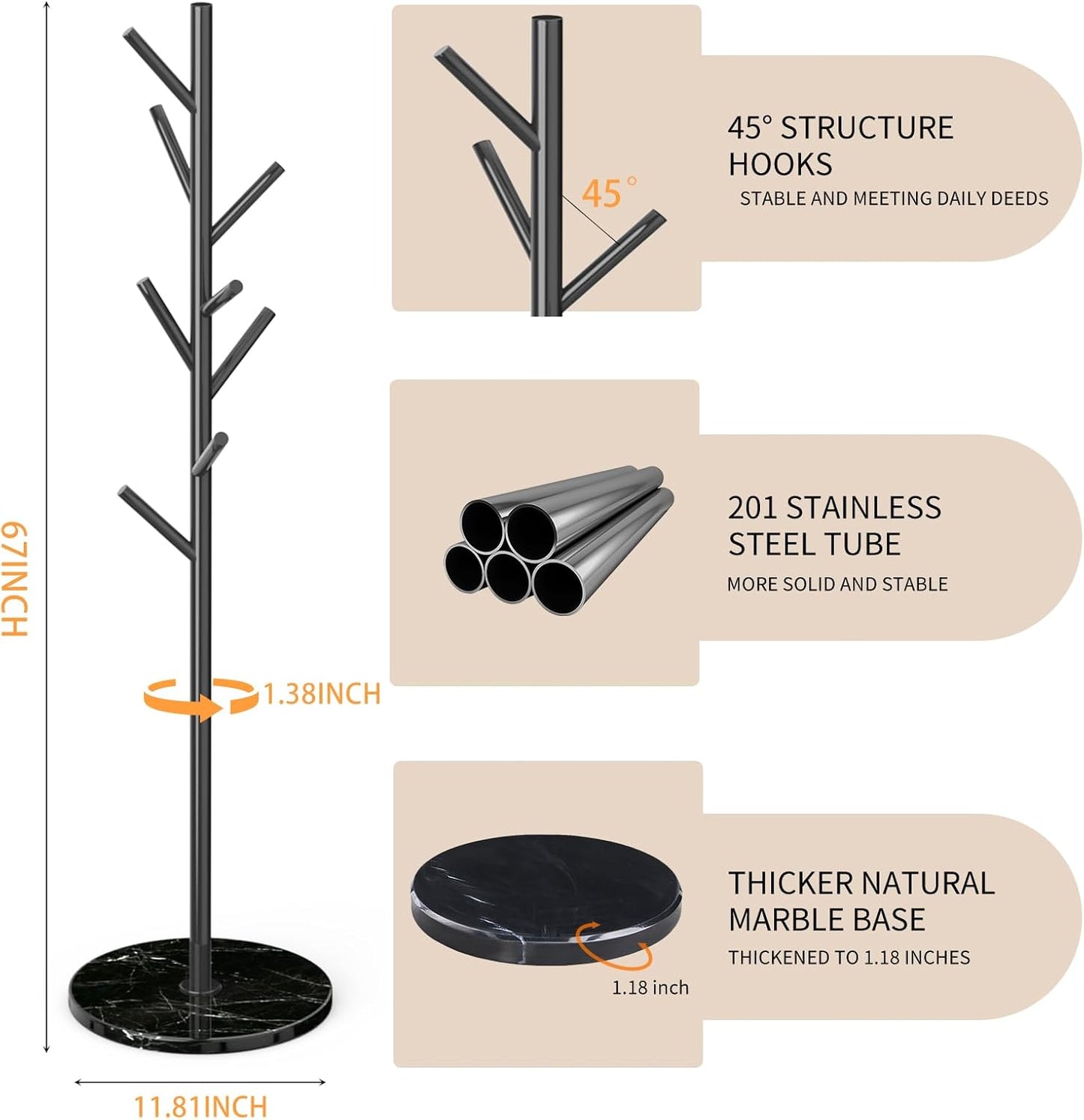 Metal Modern Coat Rack Stand, Sturdy Freestanding Coat Rack with Natural Marble Base, Black Coat Racks and Coat Hall Tree Hanger Stand for Entryway, Hallway, Office (Black Marble base)