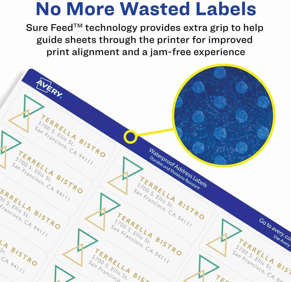 Avery Waterproof Sticker Labels for Printer - 1"x2-5/8" Mailing Labels, Ultrahold Permanent Adhesive, Laser Printers, 15,000 Printable Avery Address Label Sheets (95520)
