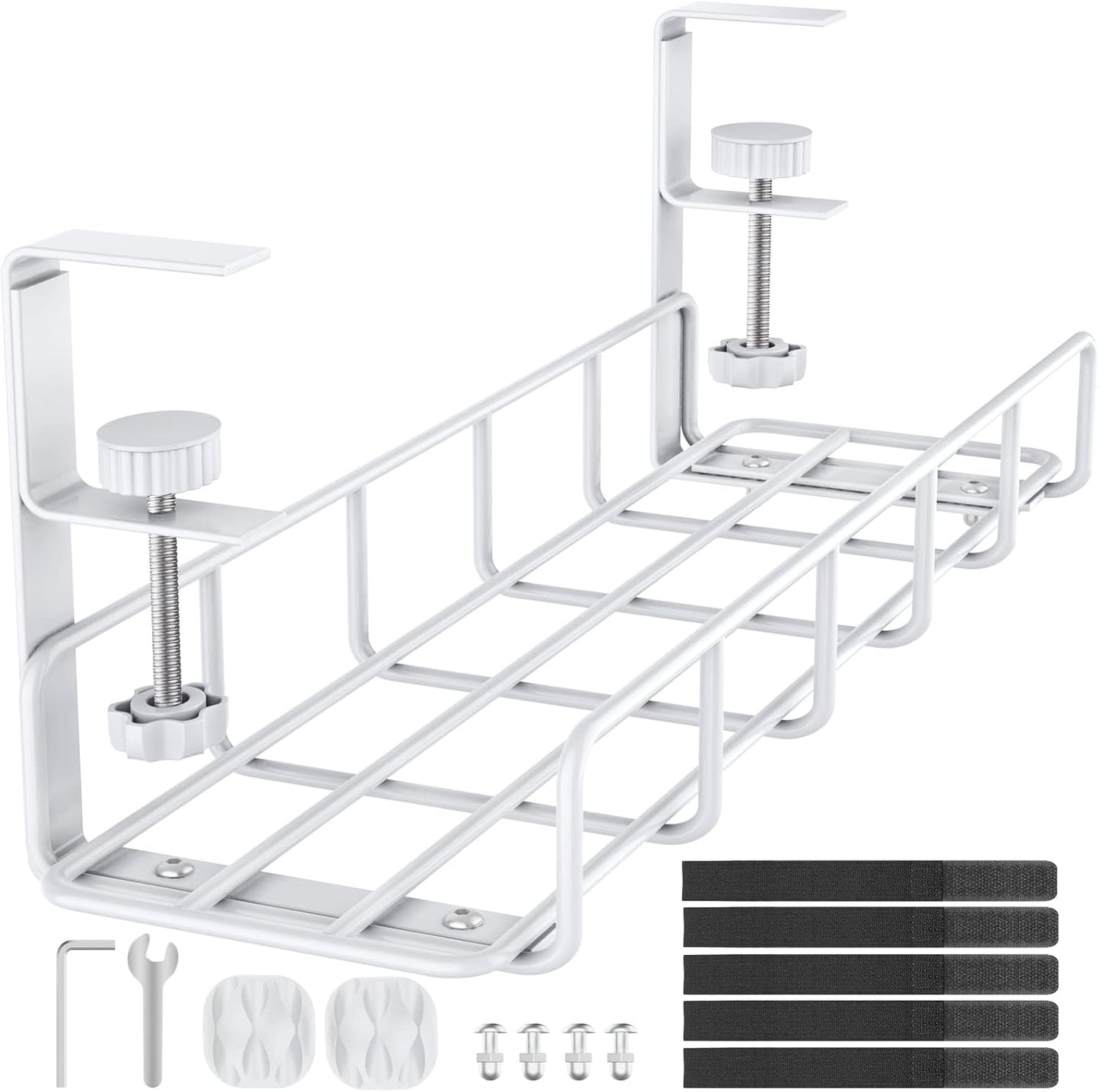 Under Desk Cable Management Tray, 15.7'' No Drill Steel Cable Tray Organizers, Wire Management Tray Cable Rack with Clamp Mount, Metal Under Desk Tray with Wire and Cord Organizer White（1pack