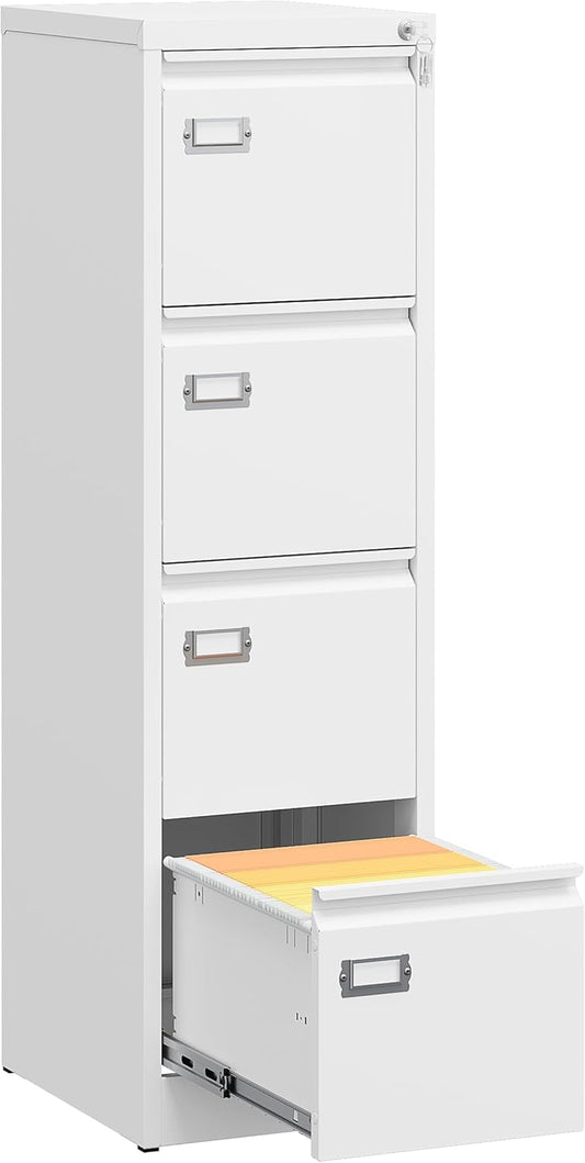 SISESOL 4 Drawer File Cabinet with Lock and Tag,White Vertical File Cabinet,Narrow Locking Filing Cabinets with Drawers,Metal Filing Storage for Home Office Fit A4 Legal/Letter Size,-Assembly Required