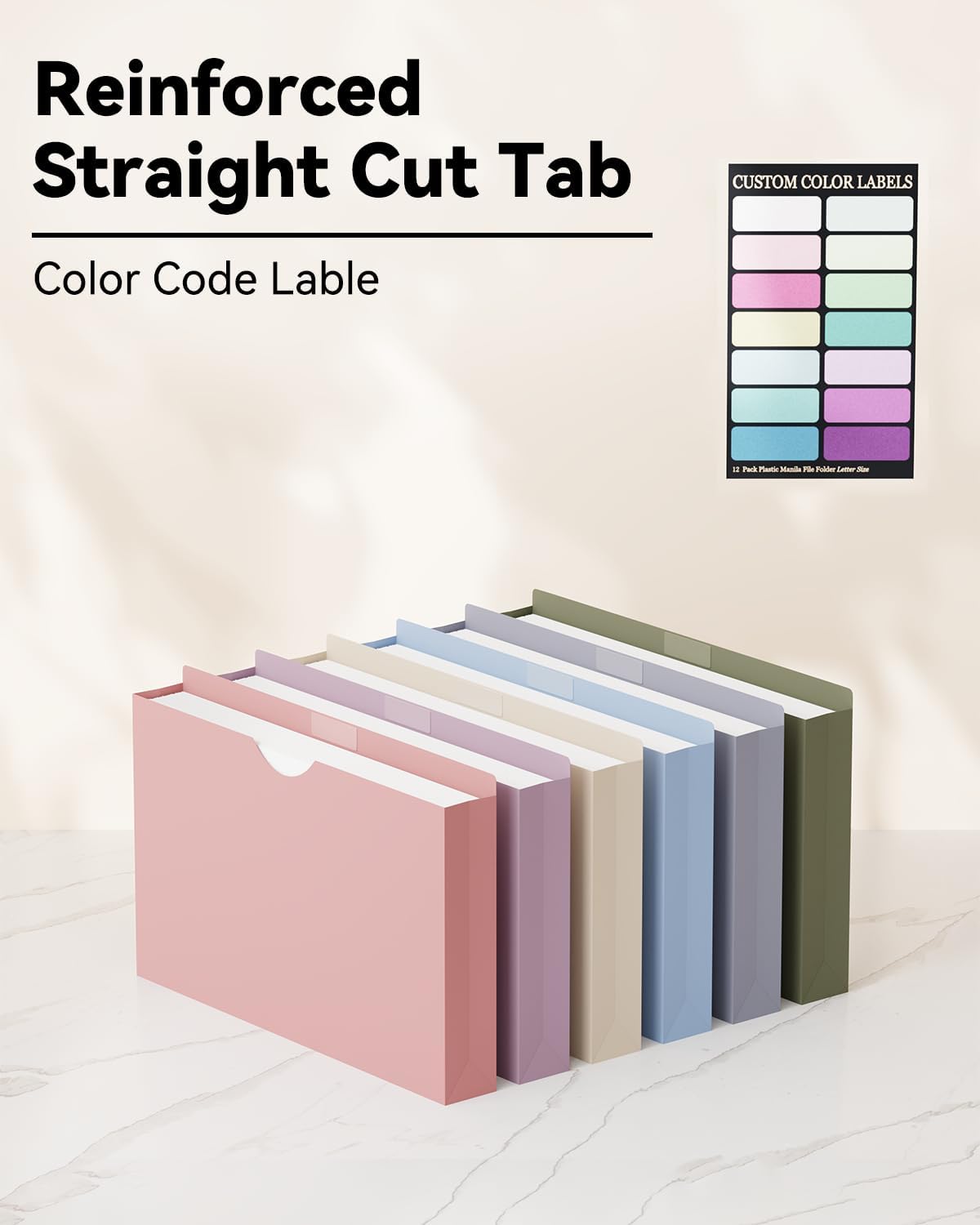 ANSOOK Plastic File Jackets,2" Legal Size Manilla Folders,12 Pack Expanding File Folder,Heavy Duty Expansion Pocket,File Cabinet Folders,Straight Cut Tab,Morandi Color Manila Folder for Home Office