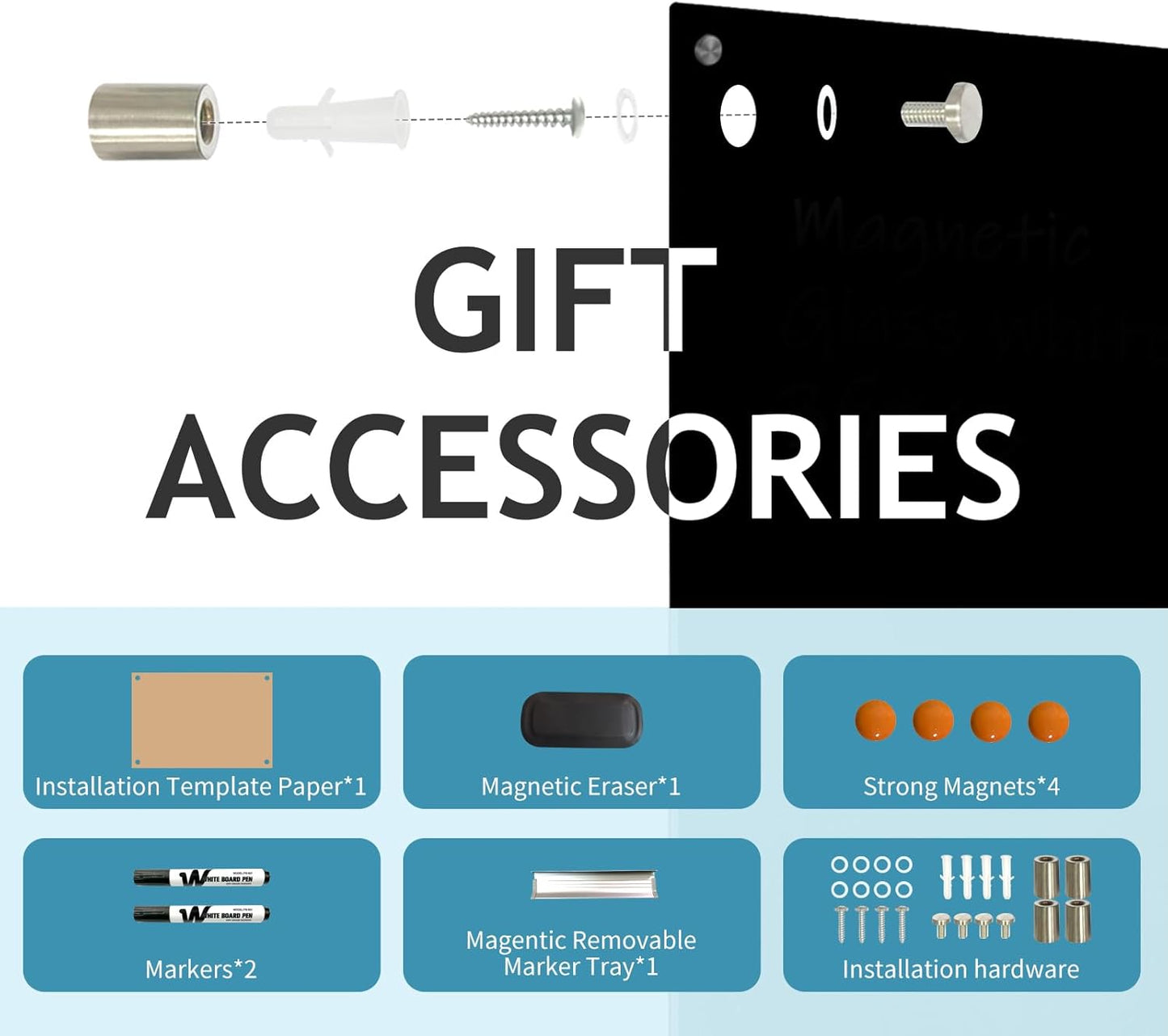 Magnetic Glass Dry Erase Board - Black Board 48 x 96 Inch Wall Mounted Glass Whiteboard, Large Frameless White Board for Wall Office, Home & School, Black