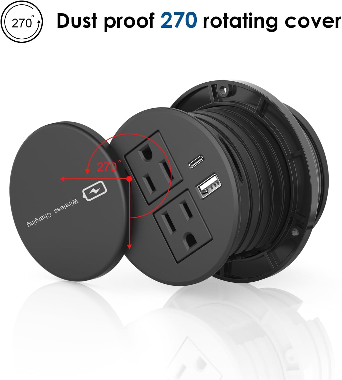 Desktop Power Grommet 3-inch Hole,15W Wireless Charger,20W USB C Fast Charging Station,2 AC Plug,Round Recessed Power Strip, Workspace Essential Desk Hole Cover for Cables Black