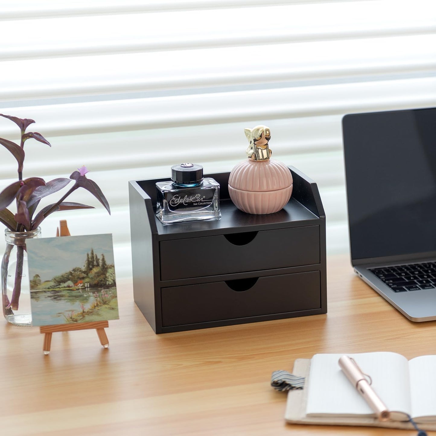 ROSE BLOOM Black Wood Desk Organizer with 2 Drawer, Mini Cute Cabinet with Storage Shelf for Tabletop, Small Desktop Box Organizer for Cosmetic Office Supplies