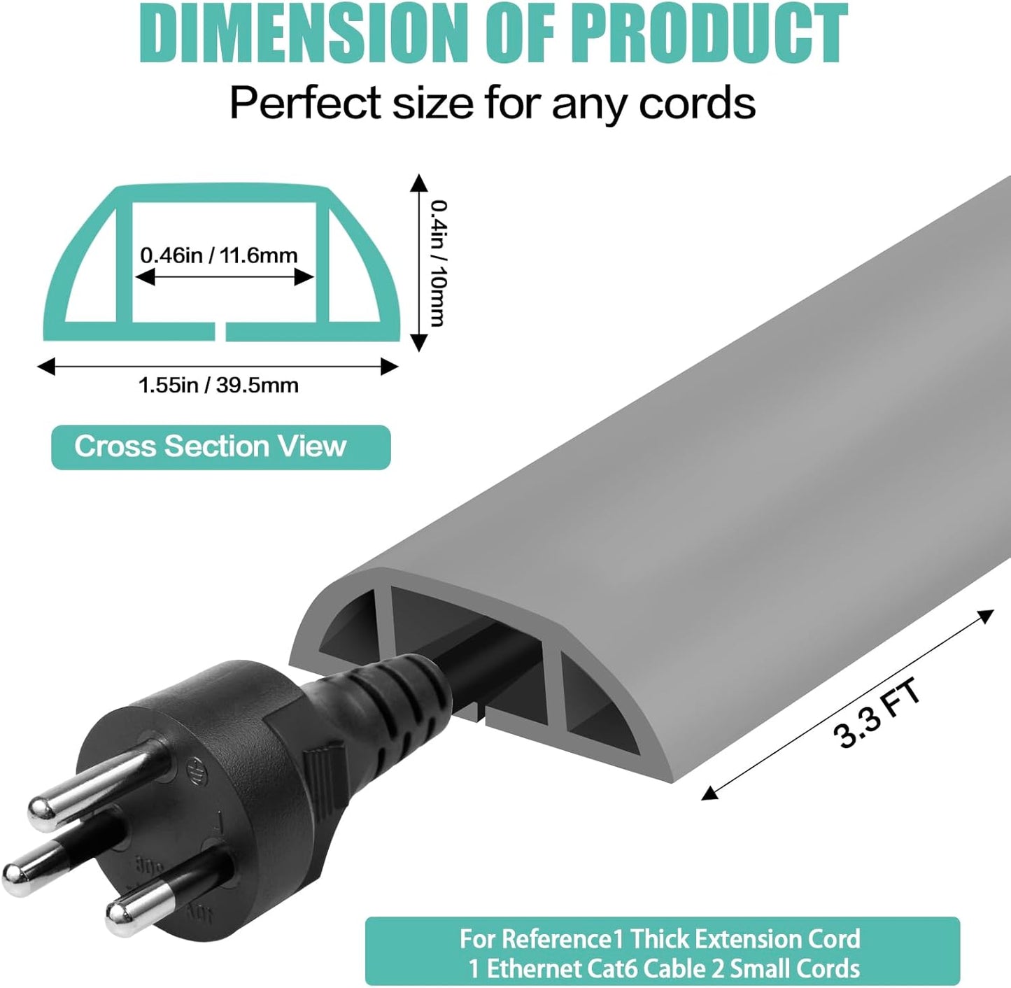 Floor Cord Cover Self Adhesive Cord Hider,3.3FT Cable Management, Extension Strip Protector for Wires, Prevent Cable Trips for Offices, Gyms, Exhibitions Cavity:0.51"(W) x 0.3"(H) Gray