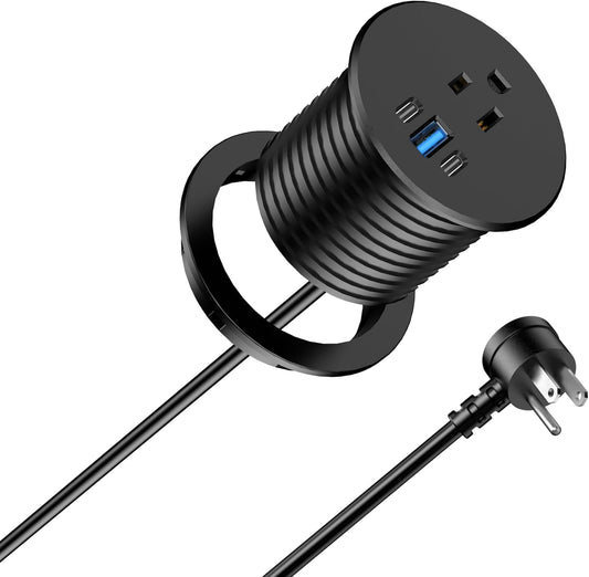 2.5 inch Power Grommet,20W USB-C Charging,1 Outlet with 2 USB C,1 USB Port,Furniture Flush Mount for Desktop,Recessed Power Strip,Workspace Essential Desk Outlet (Black, 6 FT)