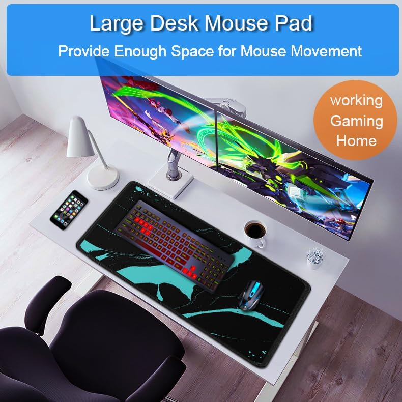 Gaming Mouse Pad, 31.5x15.7 inch Large Extended Computer Keyboard Mouse Mat, Water Resist Non-Slip Mousepad Rubber Base Long XXL Desk Mouse Pad for Work & Gaming, Office & Home, Black Blue