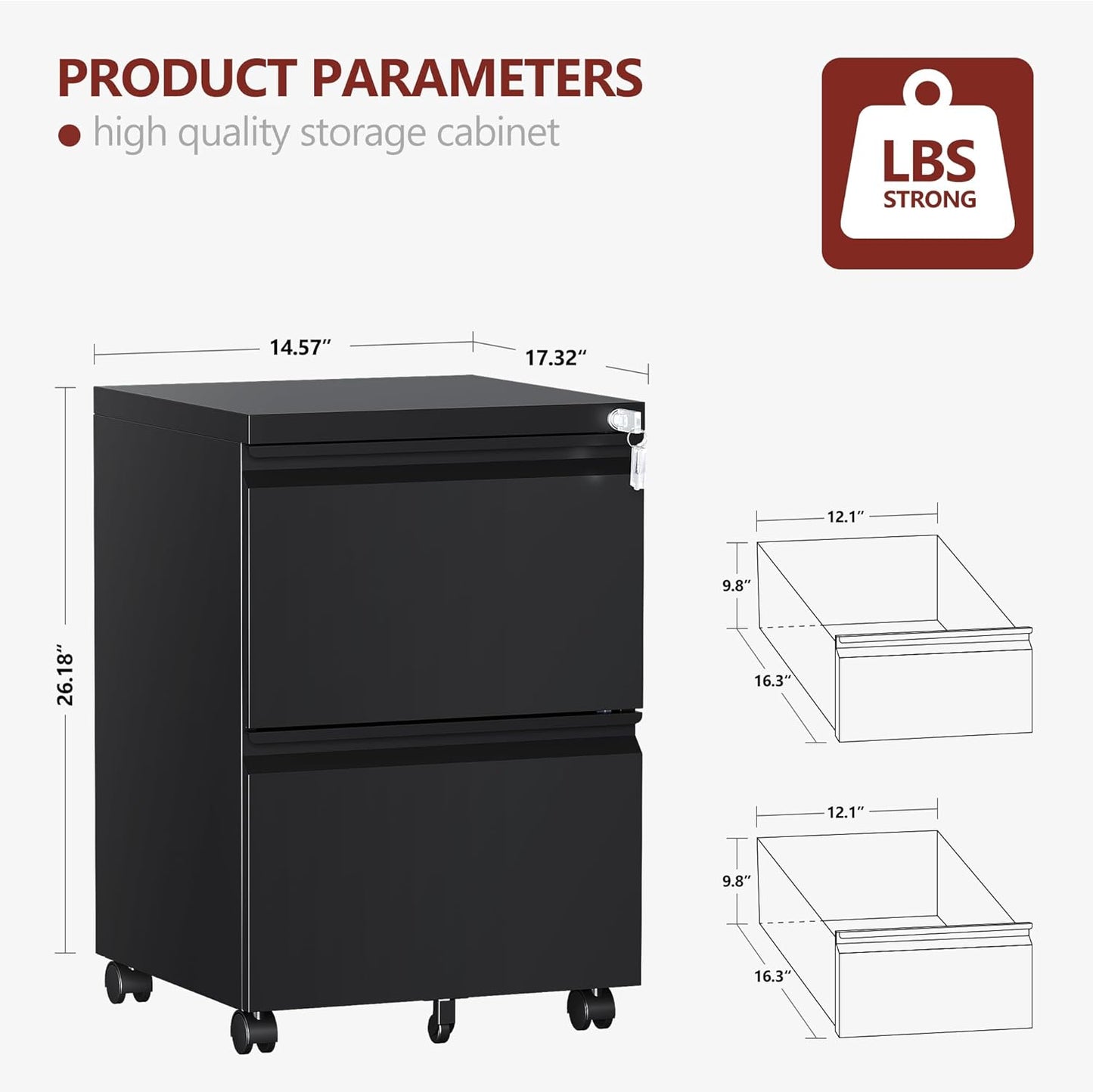 2 Drawer File Cabinet，Mobile Filing Cabinet with Lock and Wheels，Fully Assembled Metal Under Desk File Cabinets for A4/Letter/Legal Size（Black