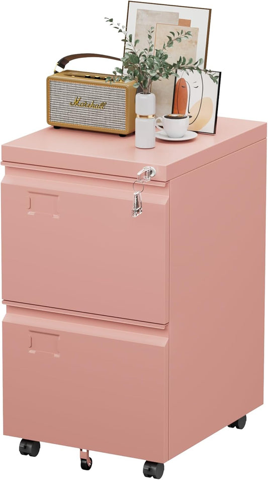2 Drawer Mobile File Cabinet with Lock, Under Desk Metal Filing Cabinet for Office, Home,Vertical Cabinet Legal/Letter Size, Need to Assembled (Pink)