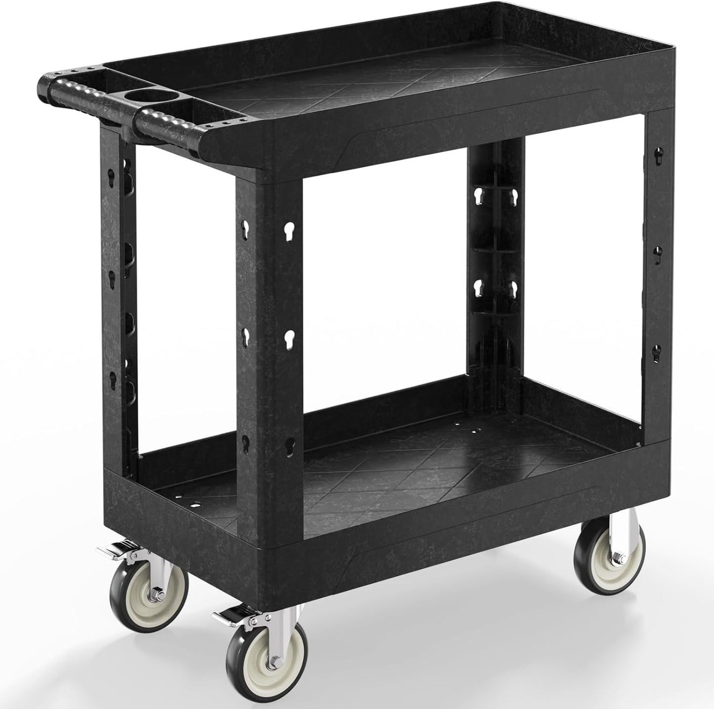 Utility Cart on Wheels, 1000 lbs Capacity Rolling Service Cart, 34 x 17 Inch Work Carts, 2 Shelf Heavy Duty Plastic Tool Cart, Lipped Shelves, for Warehouse, Garage, Cleaning, Black