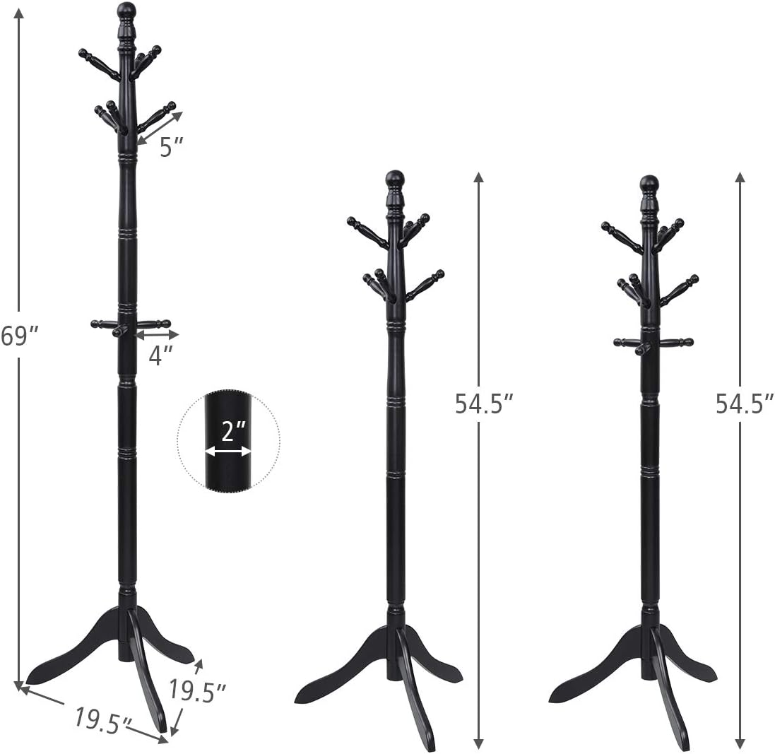 Tangkula Wood Coat Rack Freestanding, Entryway Height Adjustable Coat Stand with 9 Hooks & Stable Tri-Legged Base, Rubber Wood Coat Tree Hall Tree Coat Hanger Stand for Home Office Hall Entryway