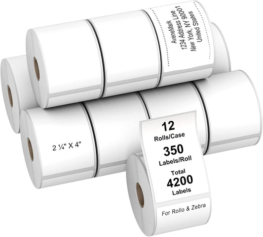 AveneMark 12 Rolls Direct Thermal Label 2.25" x 4" Shipping Labels for Mailing, Postage, Address, Perforated & Compatible with Zebra Desktop Printers & Rollo Desktop Label Printer (350 Labels/Roll)