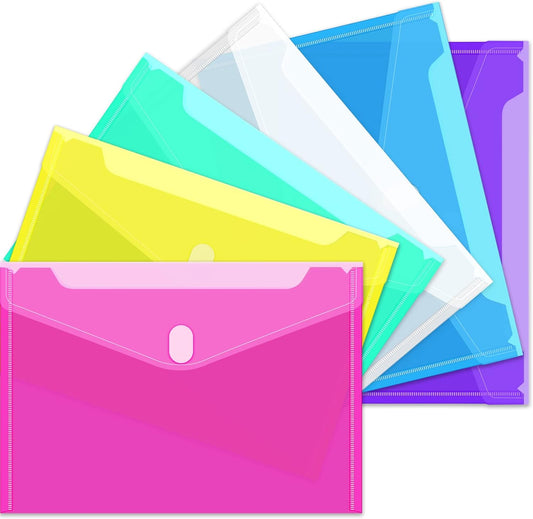 Sooez 6 Pack Plastic Envelopes, Plastic File Folders for Documents, Clear School Folder, Colored File Folders Letter A4 Size, Waterproof Poly Envelopes with Closure, 6 Color