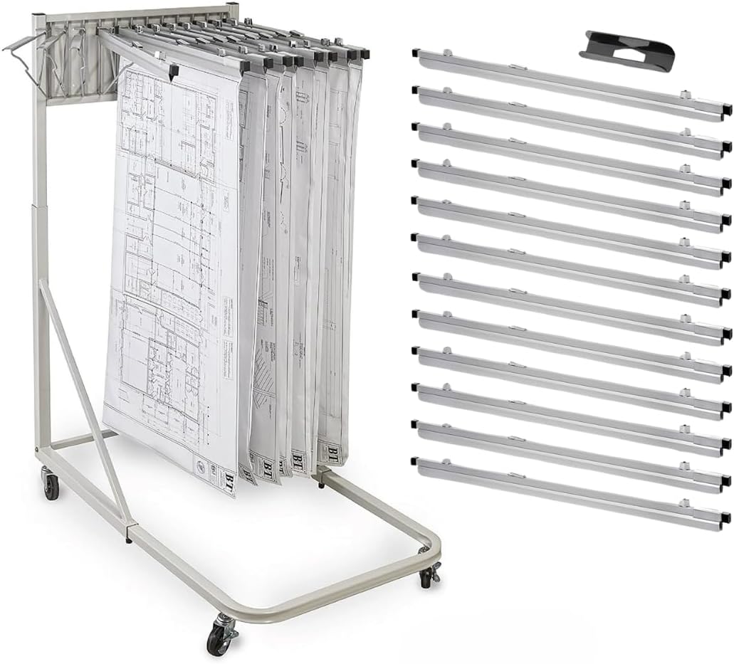 Adir Blueprint Rack and Clamps - 12 Pack of Blueprint Clamp and Mobile Blueprint Rack, Heavy-Duty Large Document Storage Solution for Blueprints, Posters, Maps, & Construction Plans